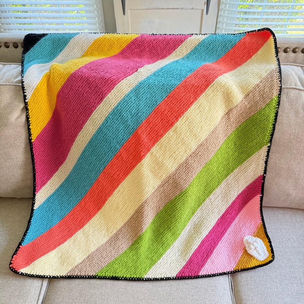 Handmade Knit Rainbow Stripe‎ Baby Nursery Blanket with Cross Boho Kidcore 36x36